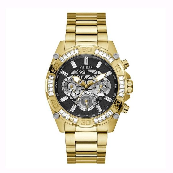 Guess Trophy Diamonds Black Dial Gold Steel Strap Watch for Men - GW0390G2
