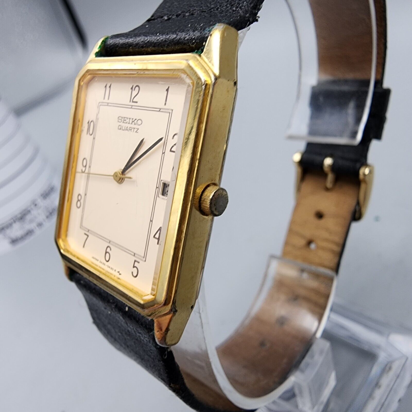 Vintage Seiko Tank Watch Men Gold Tone Cream Date 24mm 2A32-5209