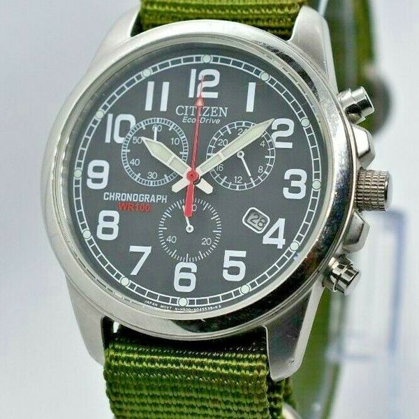 Men's Citizen EcoDrive Military Canvas Chronograph Watch w/ Date AT020005E WatchCharts