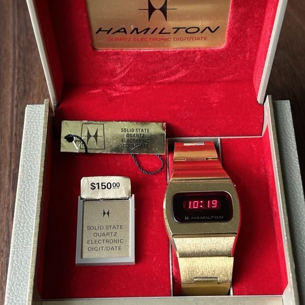 Hamilton Red Led Watch Vintage Hamilton QED Red LED Gold Original Bracelet Day Date Box Works ...
