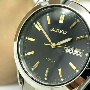 Seiko Solar SNE047 Two Tone Stainless Steel Men's Black Dial Day Date Watch  USED | WatchCharts