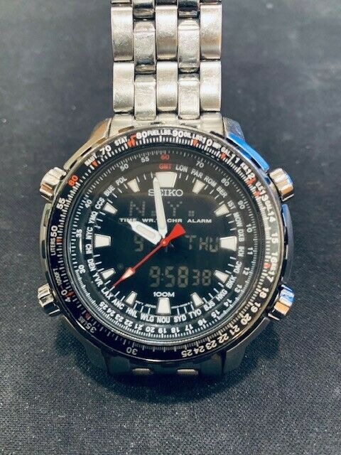 Seiko H023 00G0 Aviation World Time Analog Digital Stainless Steel