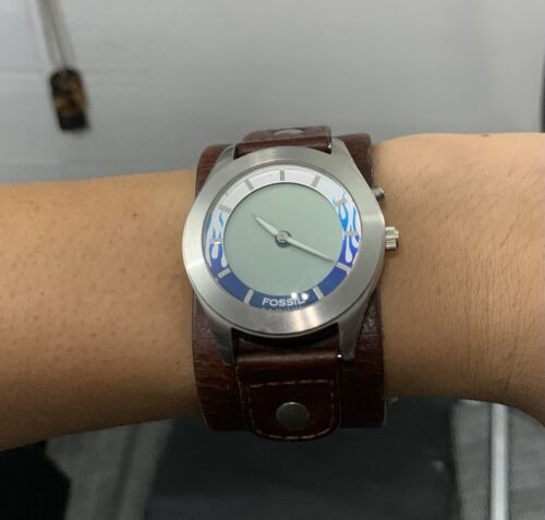 Vintage Fossil Big Tic Blue Flame Watch Wide Aviator Leather