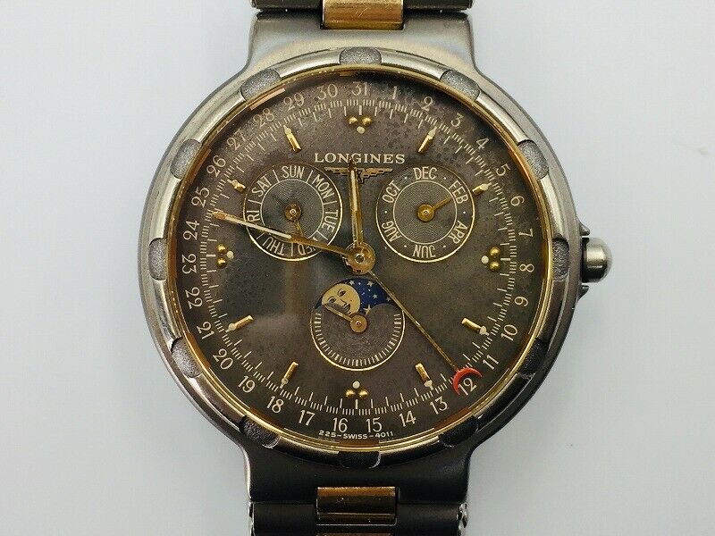 LONGINES CONQUEST Titanium 18K Gold Moon Phase Plated Quartz Watch