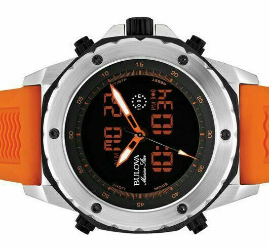 Bulova 98C118 Marine Star Chronograph Analog Digital Orange Rubber Band Alarm WatchCharts