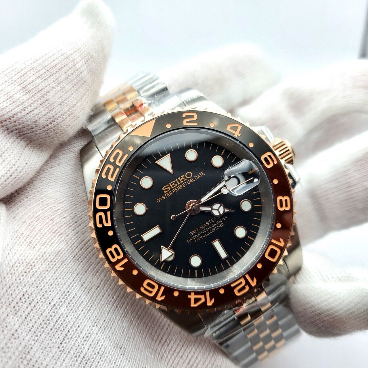 NEW! SEIKO CUSTOM ROOTBEER! GMT-MASTER mod automatic wrist watch 