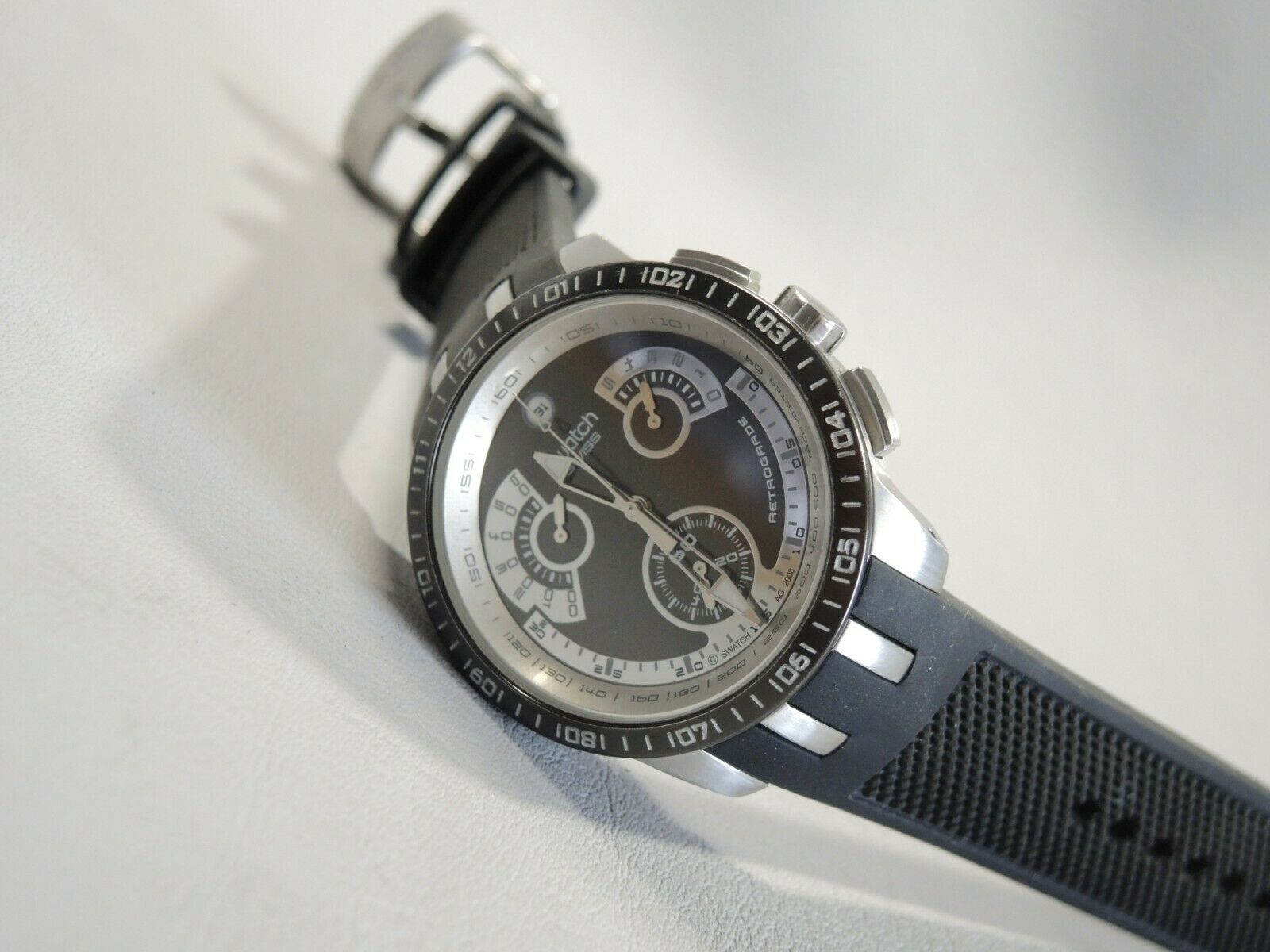 Swatch Irony Watch Chrono RETROGRADE BLACK HAZE YRS413 Swiss Men Rare Date  Steel | WatchCharts Marketplace