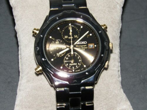 Seiko 7T32 6m69 Chronograph Watch Stainless Steel Black Gold Mov t