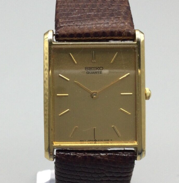 Vintage Seiko Tank Watch Men Gold Tone Rectangle Dial Leather Band