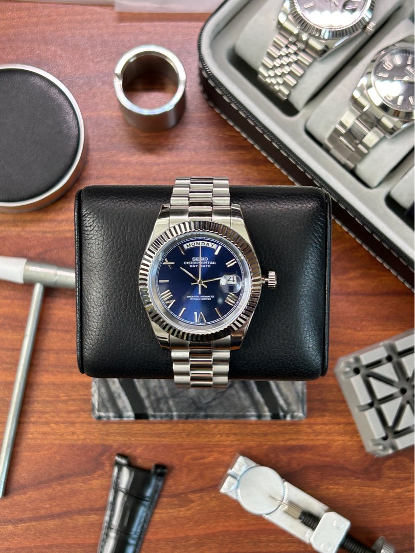 Mod Seiko Day Date Rolex Mod in Blue Roman Dial 39mm Casing