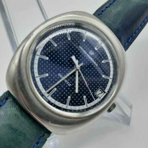 Vintage Girard Perregaux Steel Watch Blue Dial Quartz Date Cal 350