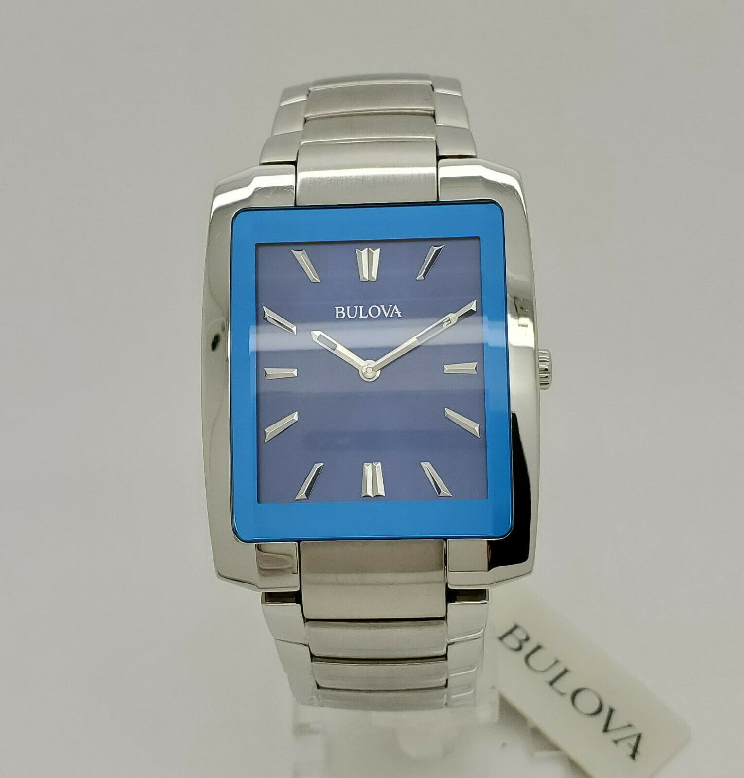 Bulova 96A169 Silver Tone Blue Dial Rectangle Case Classic Mens Watch