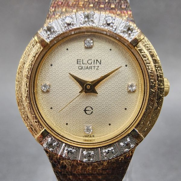 Elgin Watch Women 21mm Champagne Dial Gold Tone Round Diamond bezel New ...