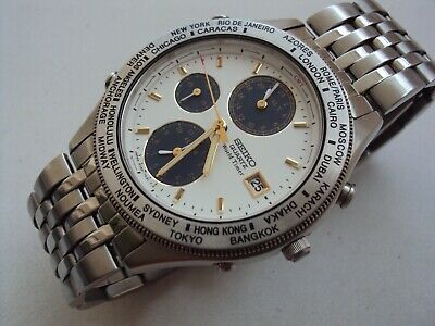 微妙にレア？【セイコークォーツ World Timer】5T52-7A20◆クロノグラフ/世界ベゼル◆SEIKO ワールドタイマー◆メンズ腕時計◆範