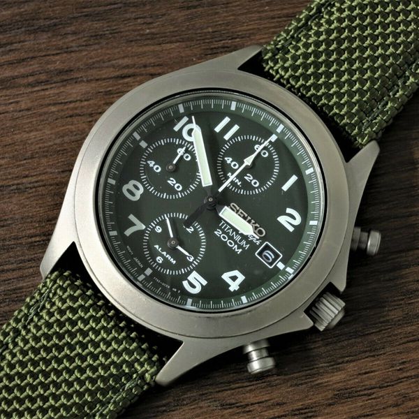 Seiko SNA141 Titanium Green Dial Military Watch 7T62 0BZ0 New Belt ...