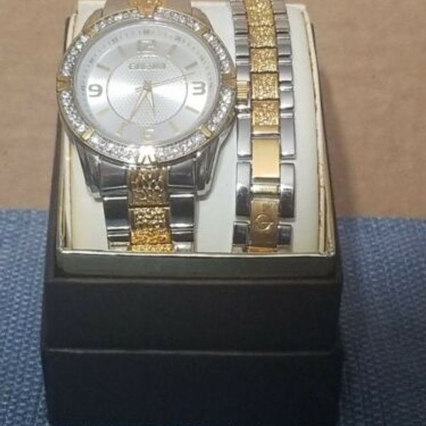 Men's Elgin TwoTone Silver Dial Watch and Bracelet Set With Crystals