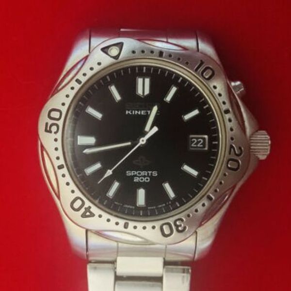 Vintage SEIKO KINETIC 5M42-0K69 Men's Watch White Face In Box Works