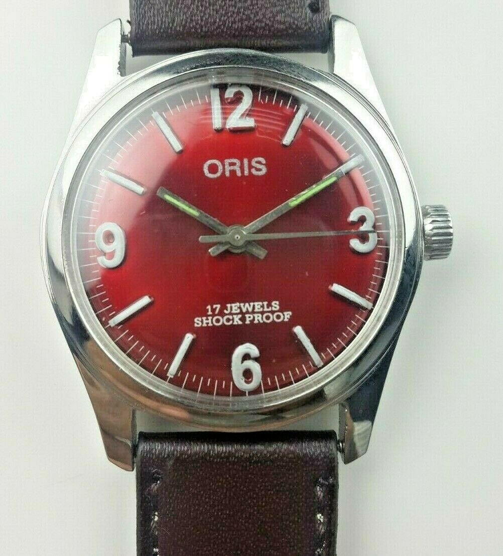 VINTAGE ORIS 17J RUBY RED DIAL MEN S WINDING SWISS WRIST WATCH