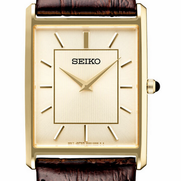 Seiko Men's SWR064 Dress Gold Tone Rectangle Dial Brown Leather Watch  Classic* | WatchCharts