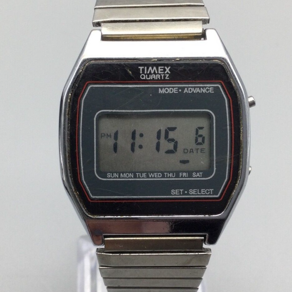 Vintage Timex KCell Digital Watch Men Silver Tone Day Date Stretch New Battery WatchCharts