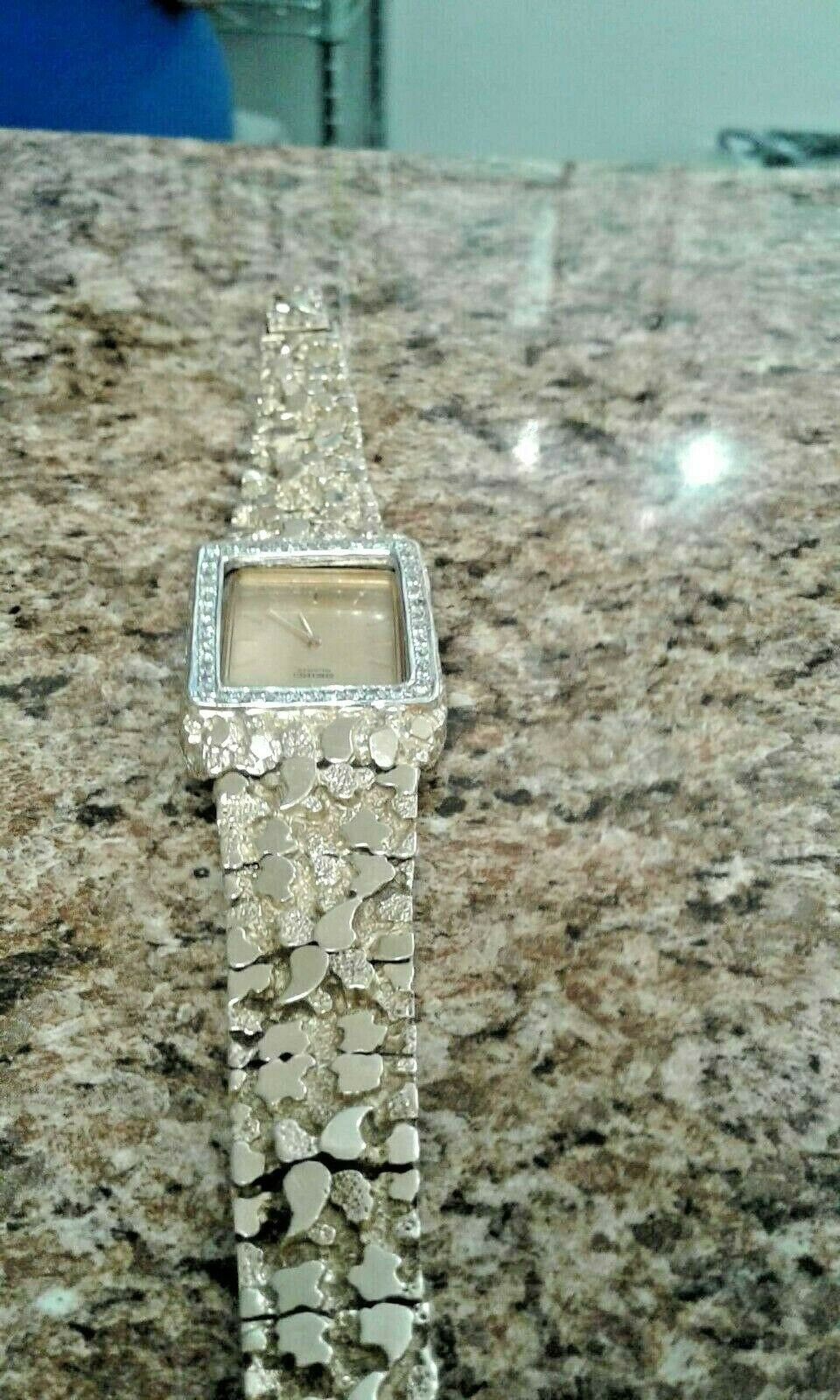 MENS SEIKO 14K SOLID YELLOW GOLD NUGGET DIAMOND WRIST WATCH