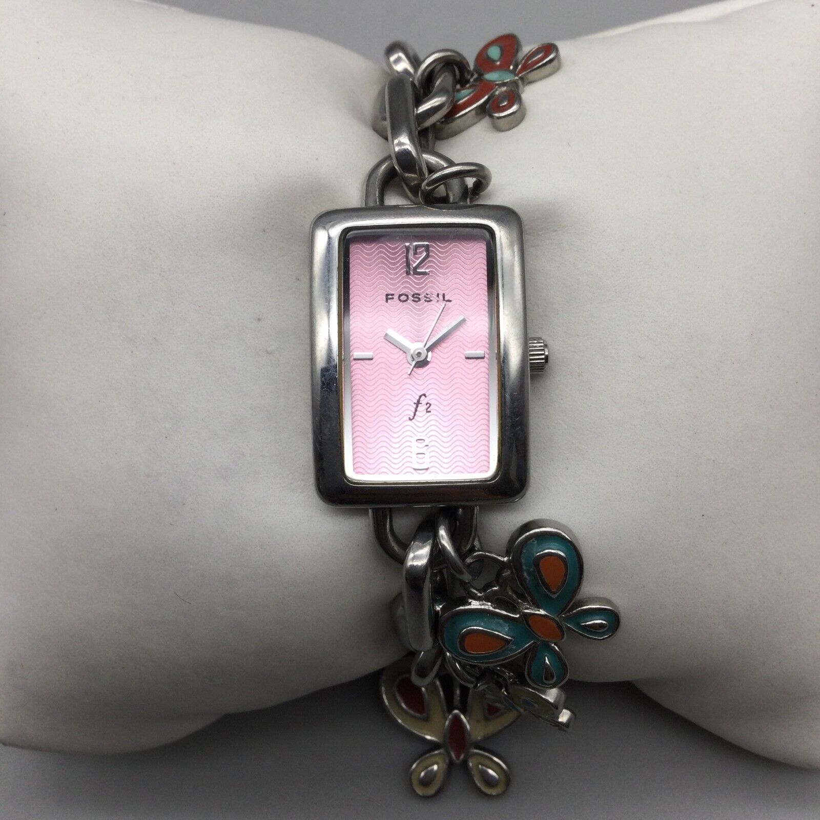 Fossil Charm Bracelet Watch Women Silver Tone Butterfly Pink 