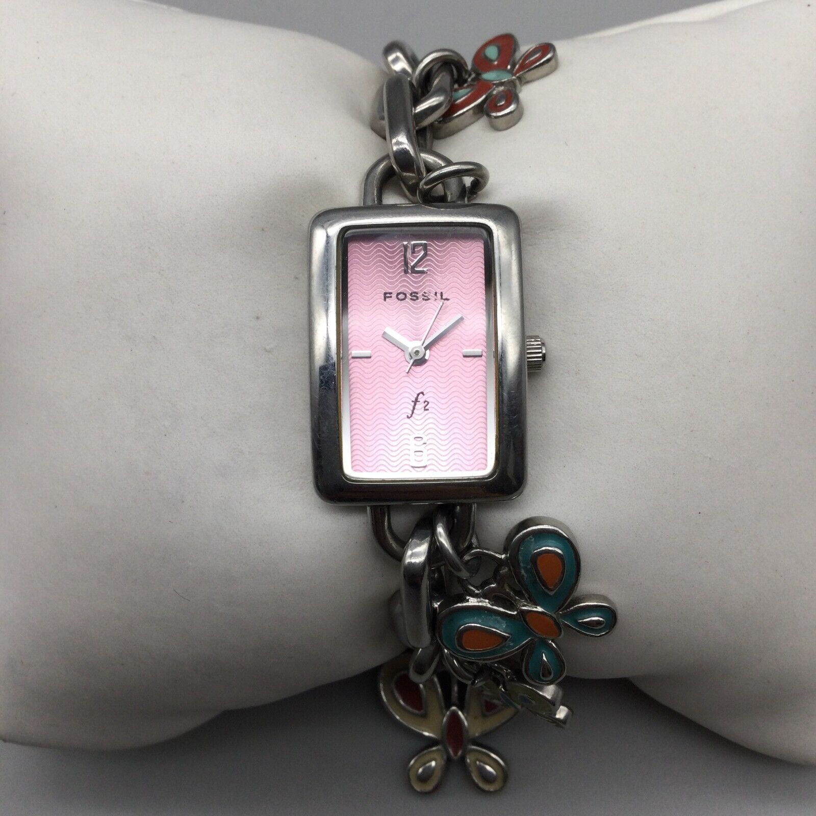 Fossil Charm Bracelet Watch Women Silver Tone Butterfly Pink Dial