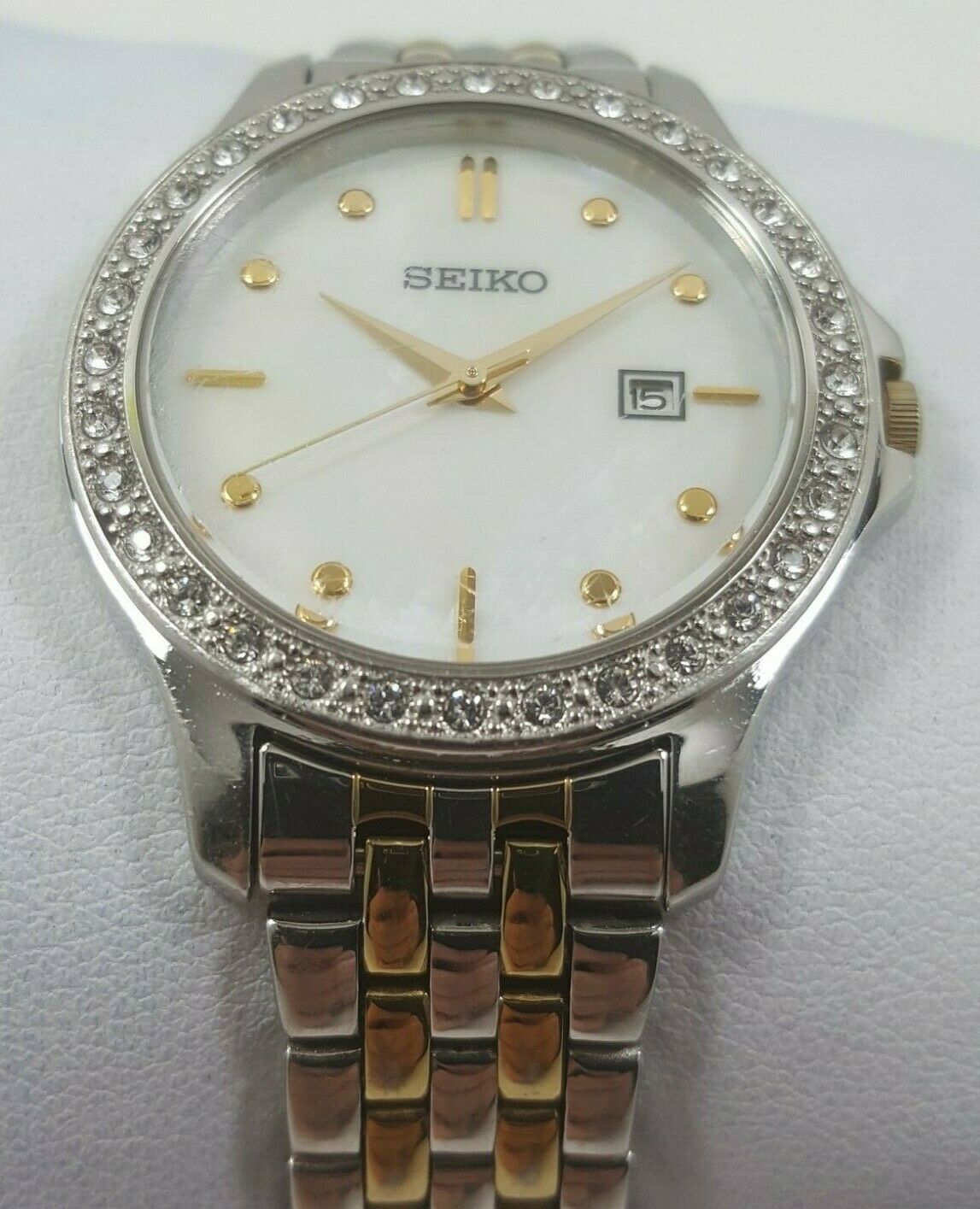 Seiko Quartz MOP Dial Crystal Accent Stainless Steel Ladies Watch