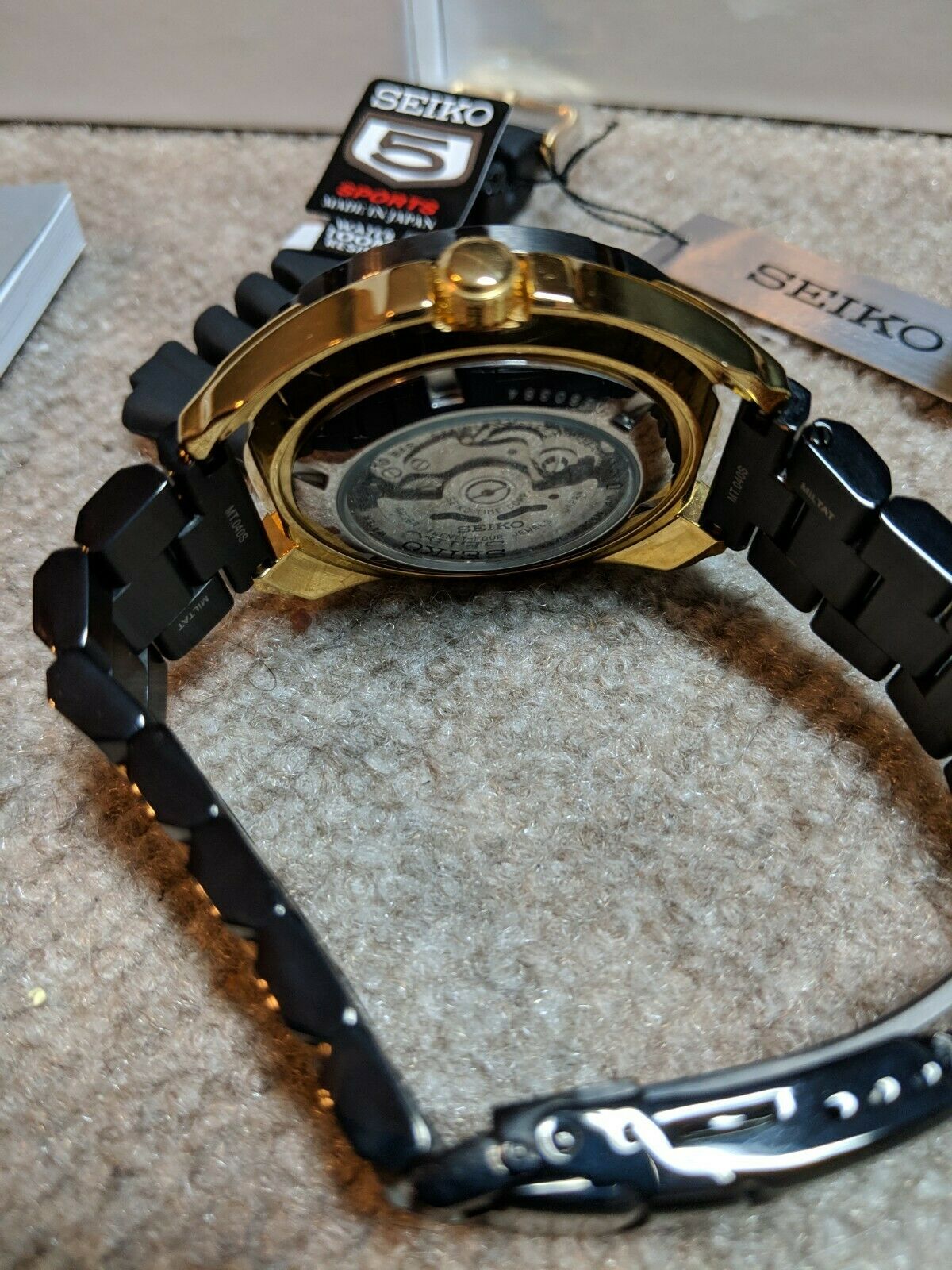 Seiko 5 Sports SRP608J1 Gold Black 100M Dive Watch with Black PVD