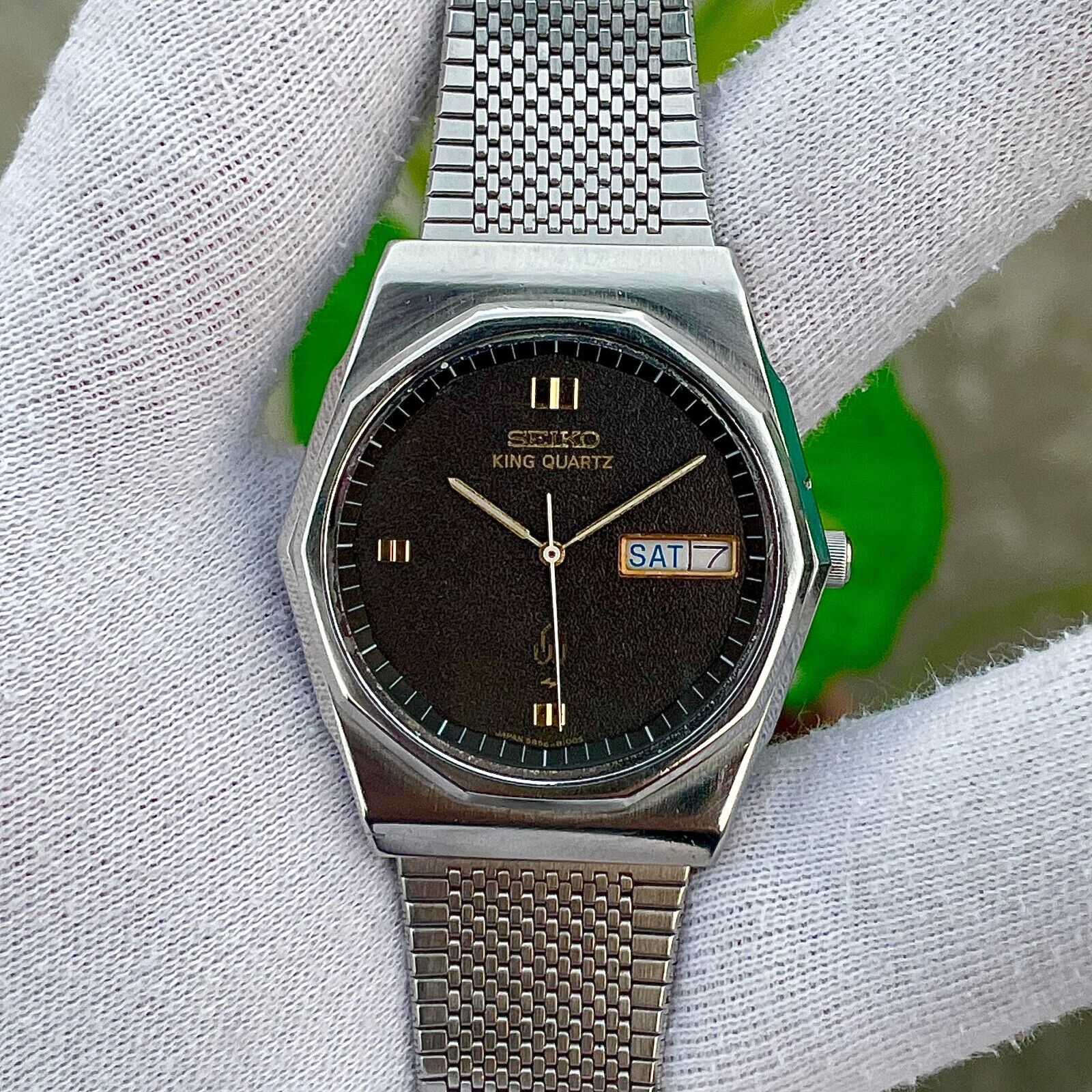 Vintage Seiko King Twin Quartz Octagon Black Textured Dial