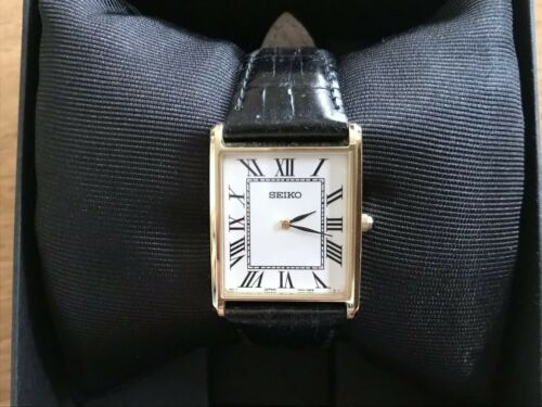 NEW Seiko Watch Yellow Gold Plated Black Leather 7N00 0AZ0 Slim