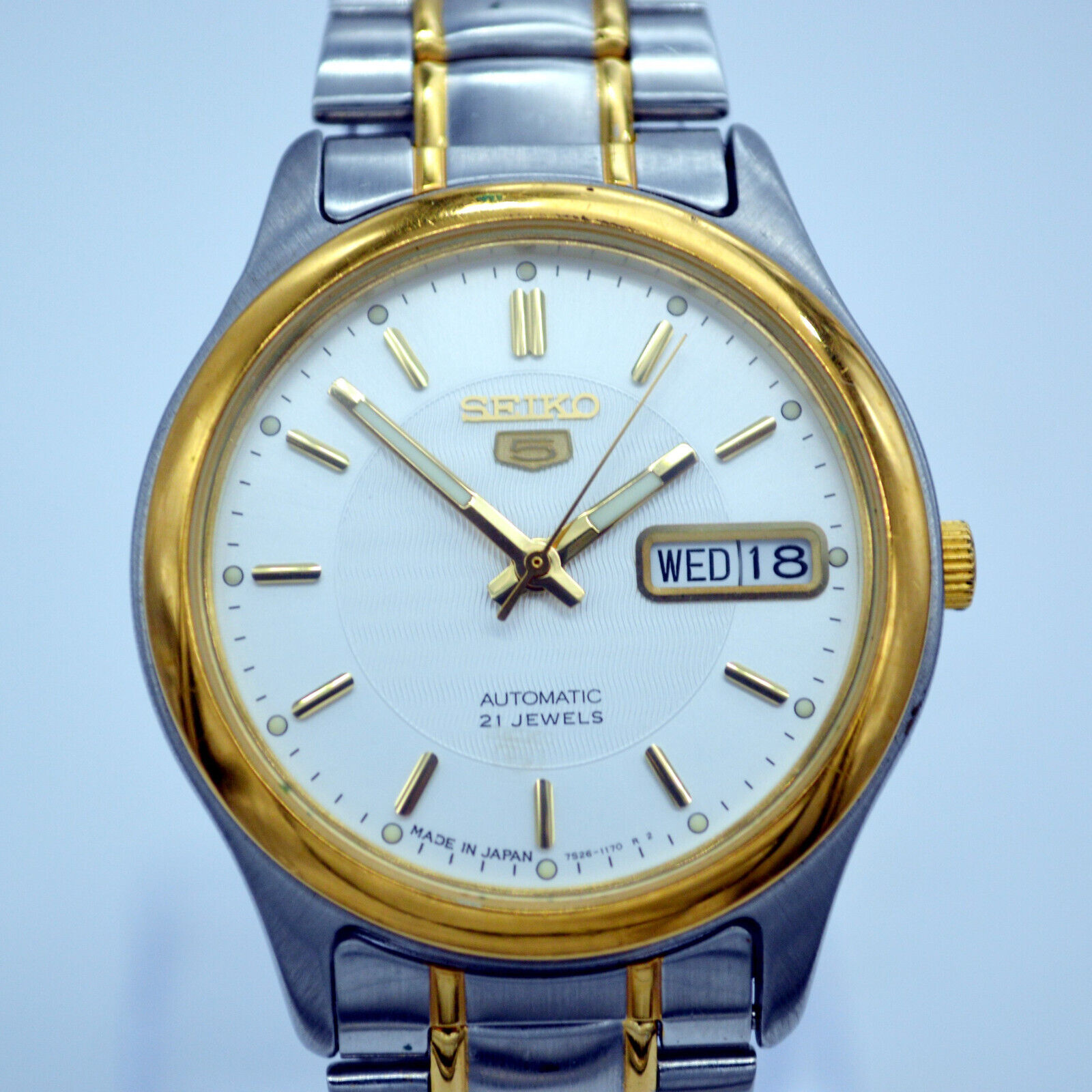 Gents Seiko 5 Automatic Watch 7S26-0080 Day Date Bi-Metal Two-Tone 21  Jewels | WatchCharts Marketplace