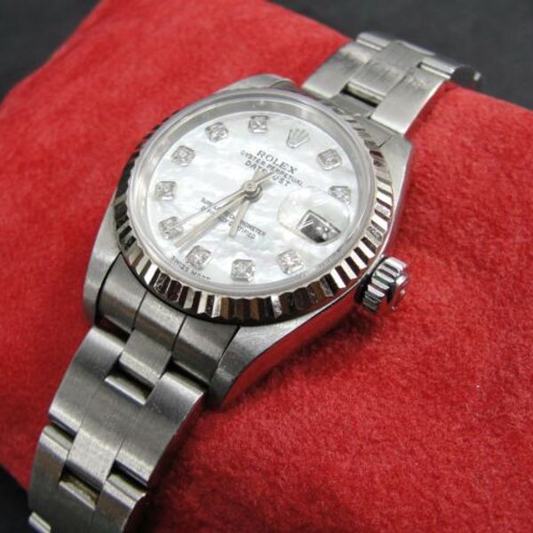 ROLEX OYSTER PERPETUAL DATEJUST MOP DIAMOND DIAL STAINLESS WHITE GOLD LADIES WatchCharts