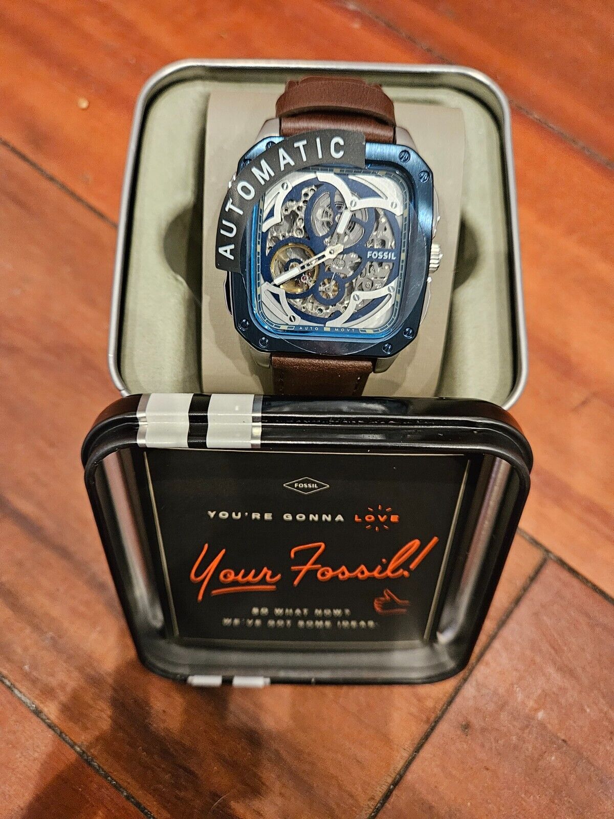 Fossil Inscription Automatic Blue Silver Brown Leather Men 