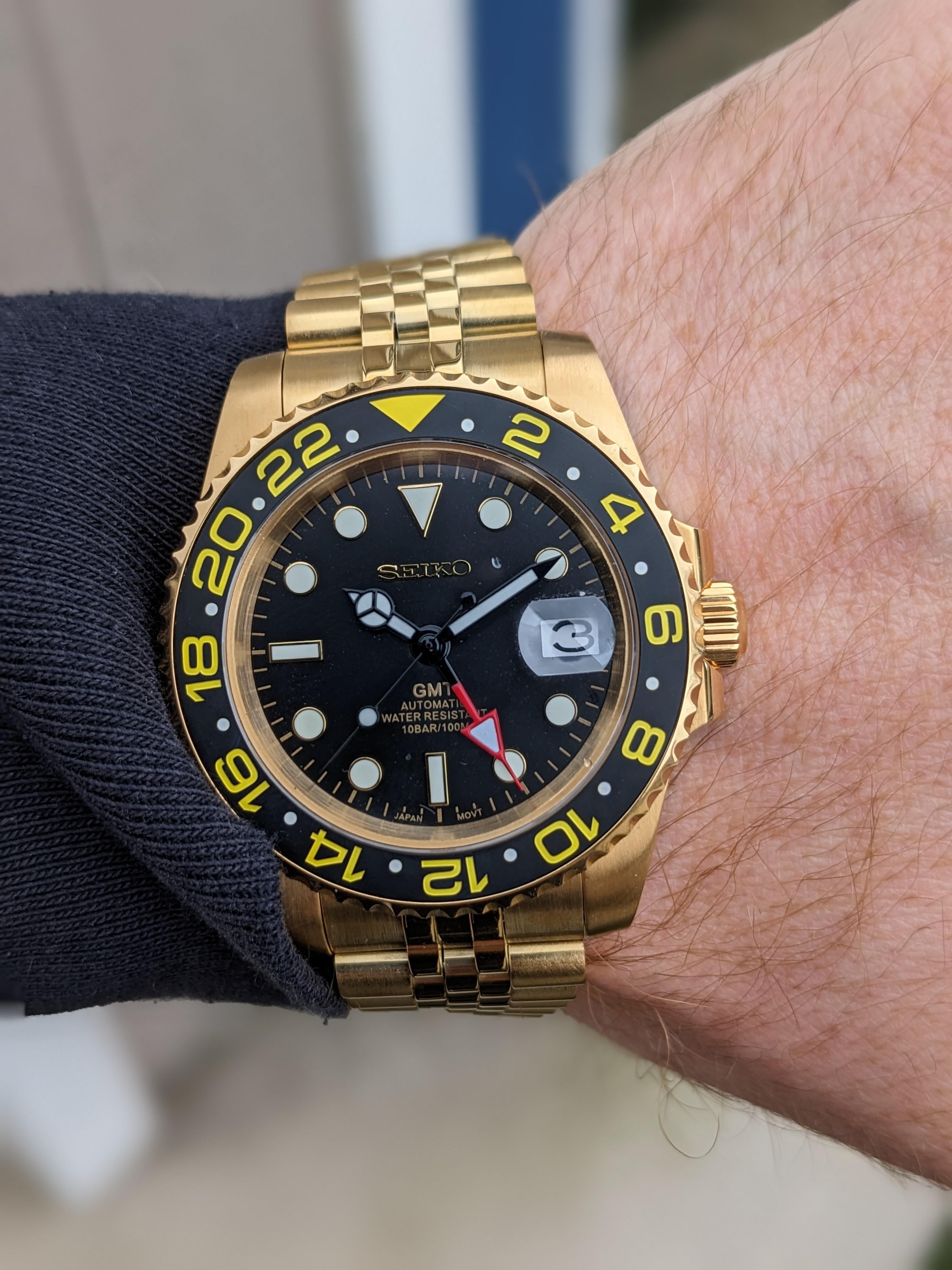 WTS] Custom GMT Mod: Yellow Gold/Black Dial - NEW Seiko NH34