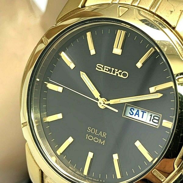 Seiko Men's Watch Solar 100m Gold Tone Watch Day Date SNE100 FOR REPAIR ...