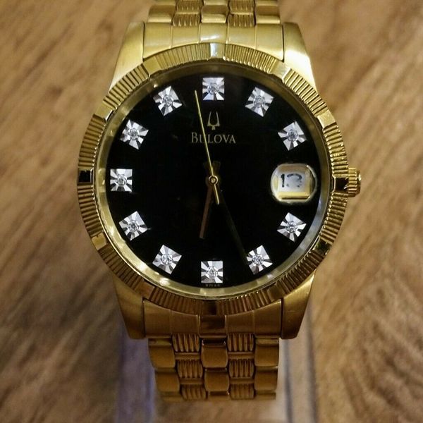 Bulova 18K Gold Watch w/ Black Dial and Diamond Hour Markers C960495