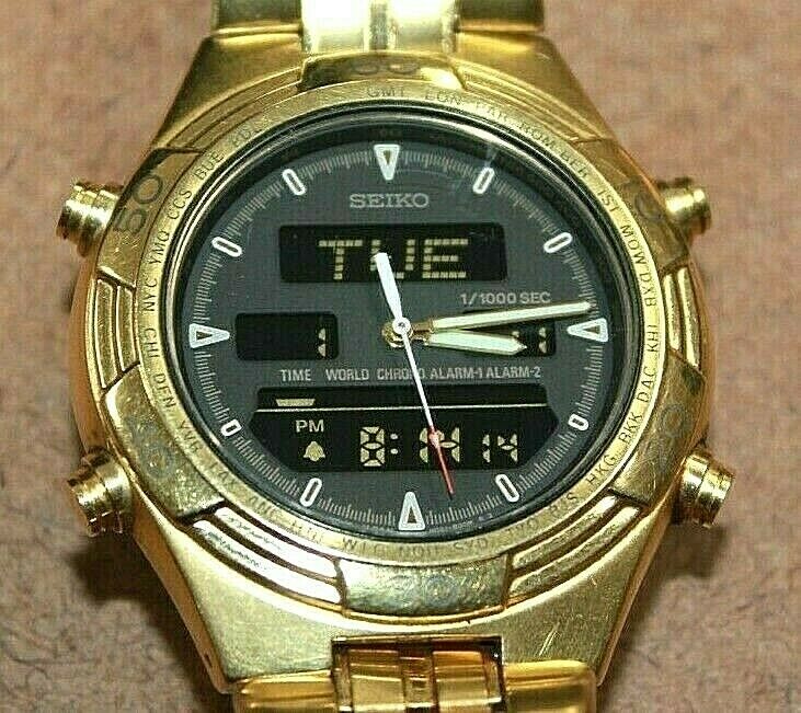 HTF Seiko Gold Plated World Time Analog Digital Men s Watch H021