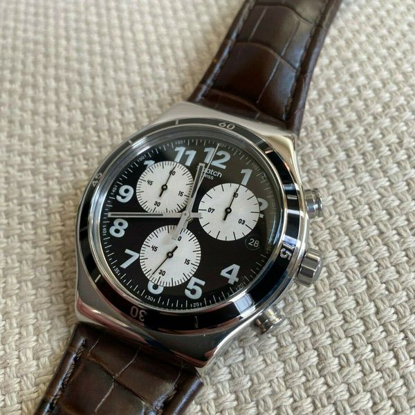 Swatch Irony Browned Chronograph Black Dial Leather Strap Mens Watch ...