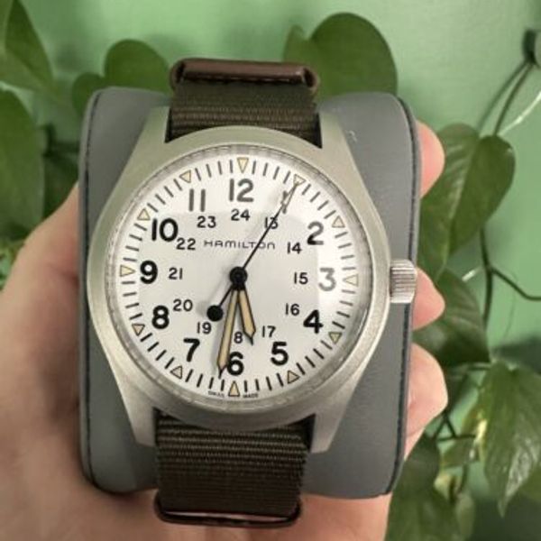 Hamilton Khaki Field 42mm Mechanical White Dial Crown & Buckle Watch ...