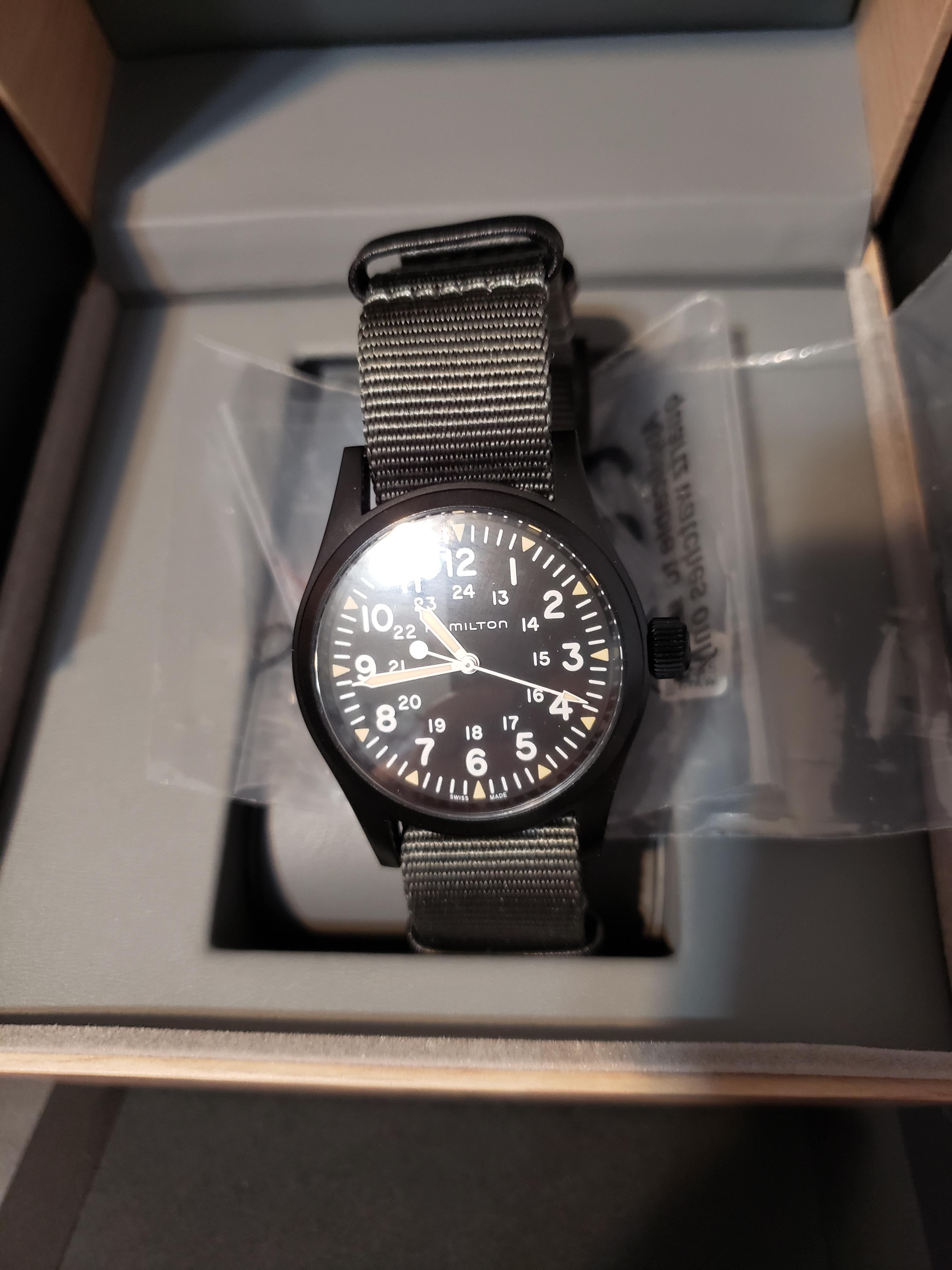 WTS Hamilton Khaki Field Mechanical 38mm Black PVD Box papers