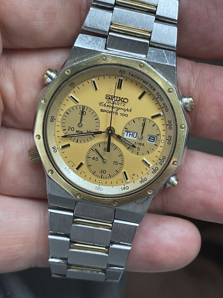 Vintage Seiko Day Date Chronograph Watch 7A38 702H Two Tone Royal