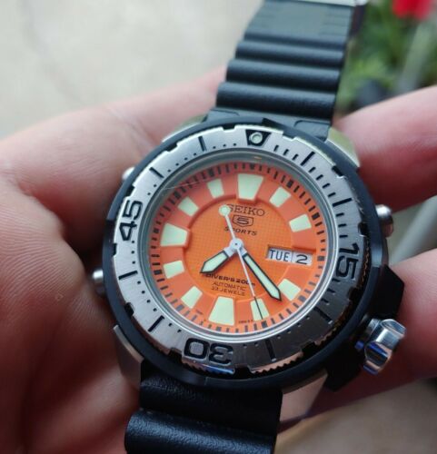 Mens Seiko 5 Sports SKZ249 200m Orange Dial Frankenmonster Dive