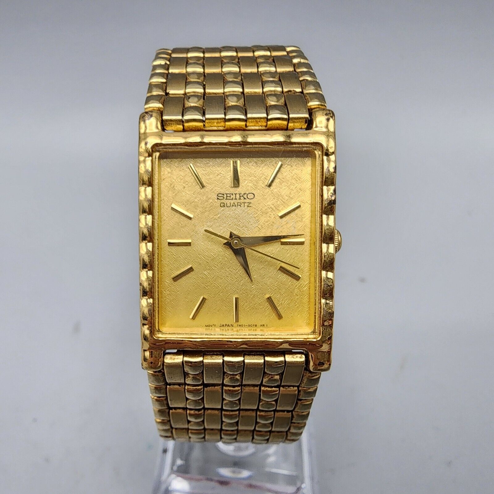 Vintage Seiko Tank Watch Men Gold Tone Gold Dial 23mm 7N01 5C39