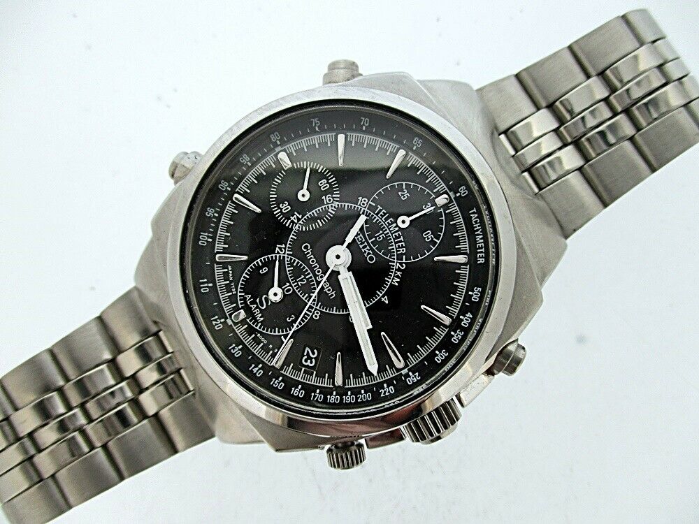 SEIKO 7T32 9000 SUS MENS BLACK DIAL TELEMETER CHRONOGRAPH SS DATE