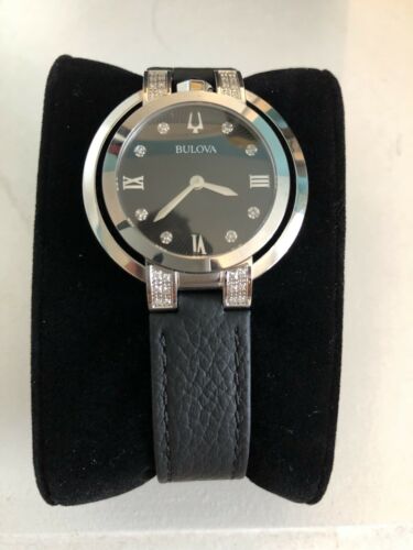 Bulova 96R217 Womens Rubaiyat Black Leather Starp Diamond Watch