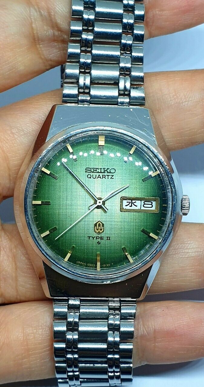 Seiko Type II Quartz 0903-8120 Green Kanji Eng Day Mens 1970s Vtg