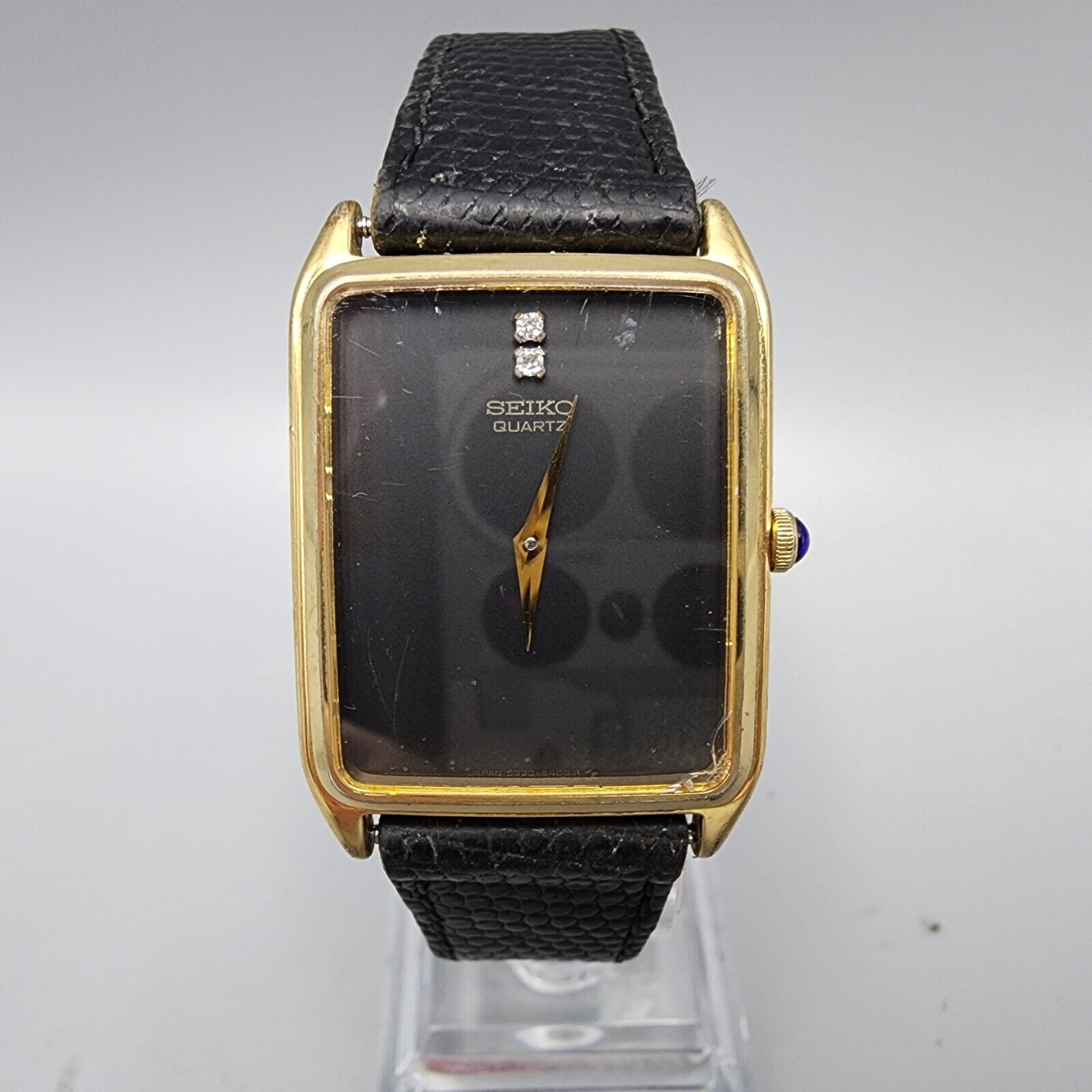 Vintage Seiko Tank Watch Men Gold Tone Black Dial 26mm Rectangle