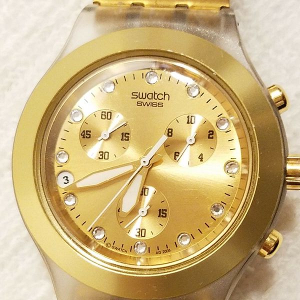 Swatch Gold Tone IRONY DIAPHANE Crystal Chronograph Swiss selling WatchAG2005 850