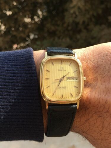 Vintage Omega Seamaster Quartz 1435 Day Date Gold Dial Watch Rare